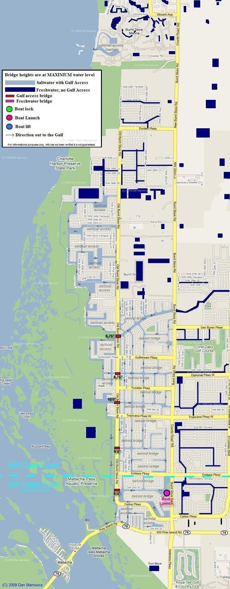 Map of Northwest Cape Coral Florida includes locations and heights of Bridges, boat locks and boat lifts as well as the location of saltwater and freshwater canals includes Burnt Store Marina and Matlacha Pass