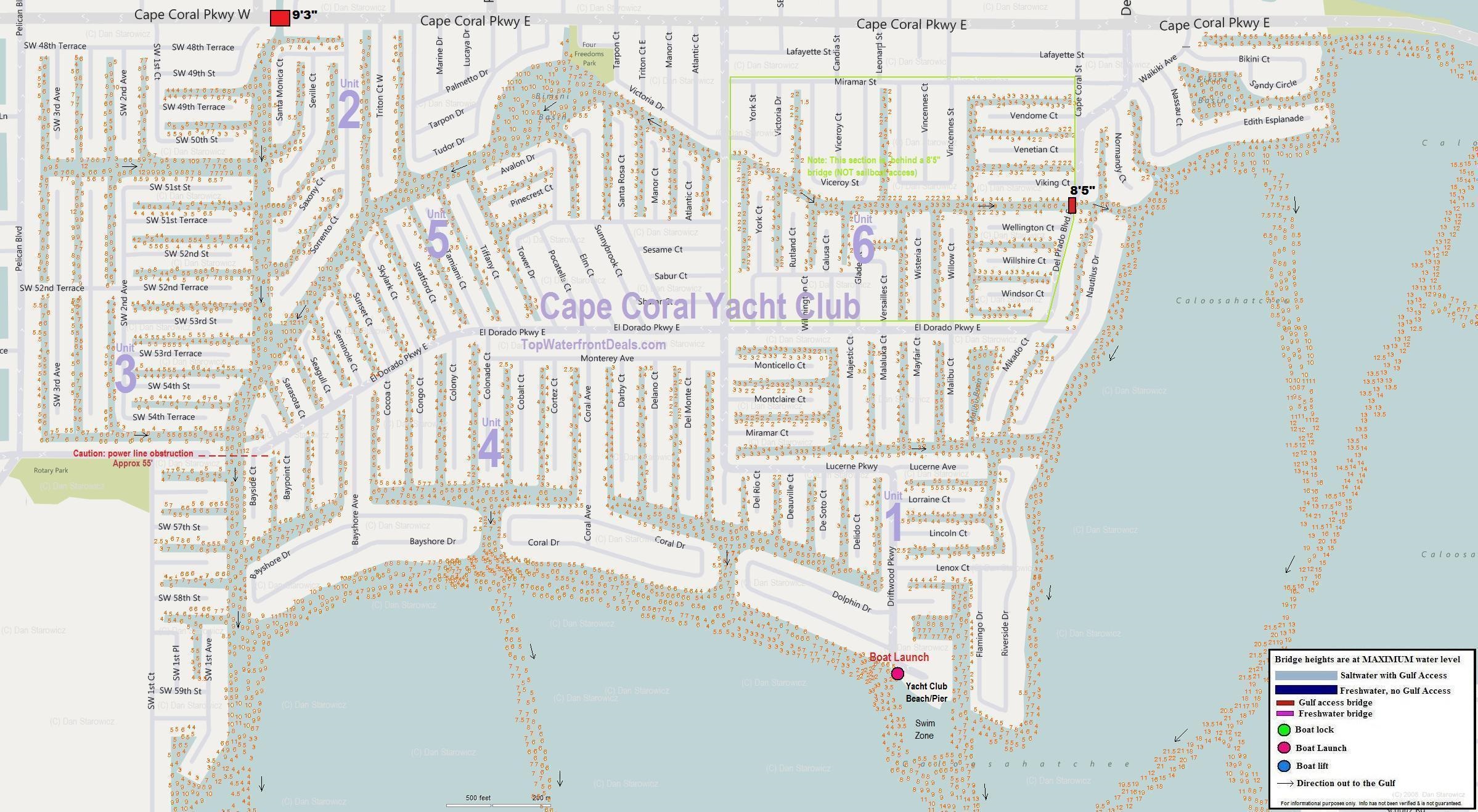 Cape Coral  Yacht Club and Unit 3 canal depths