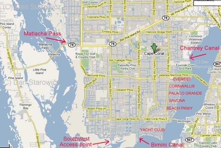 Map of Cape Coral sailboat access neighborhoods and locations