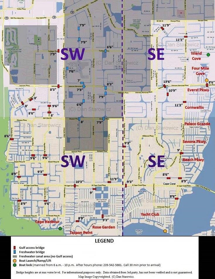 SW Cape Coral and SE Cape Coral Bridge heights map