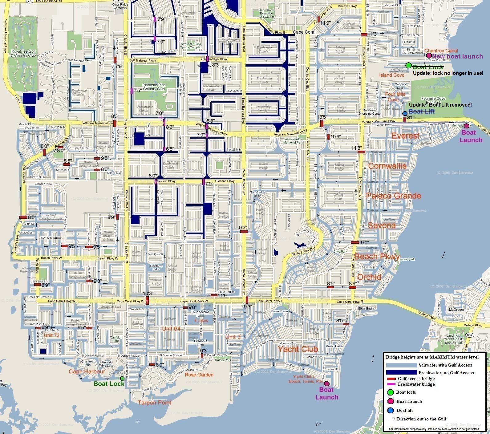 Map of Cape Coral, Florida including boat lifts, locks, bridge heights as well as the location of freshwater and gulf access saltwater canals